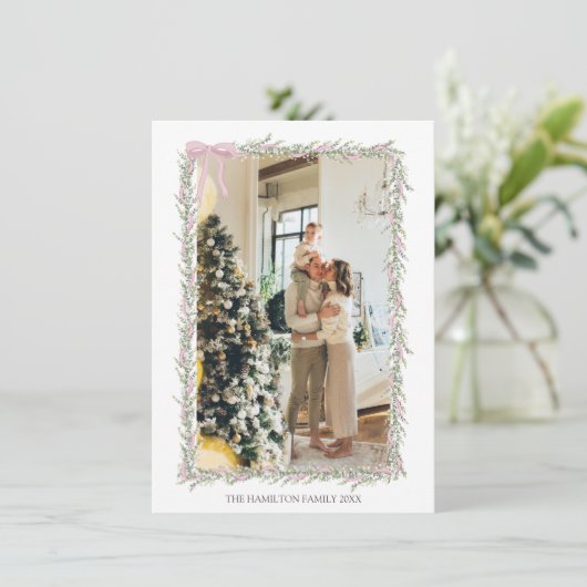 Roze Bow Groene Garland Kerstfoto Kaart (Staand voorkant)