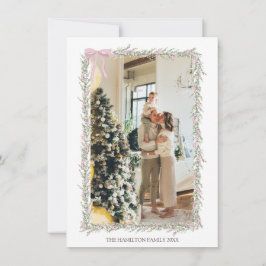 Roze Bow Groene Garland Kerstfoto Kaart