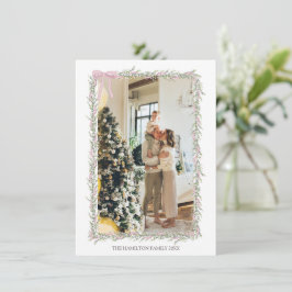 Roze Bow Groene Garland Kerstfoto Kaart
