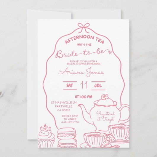 Roze Bow Hand Doodle Afternoon Tea vrijgezellenfee Kaart (Voorkant)