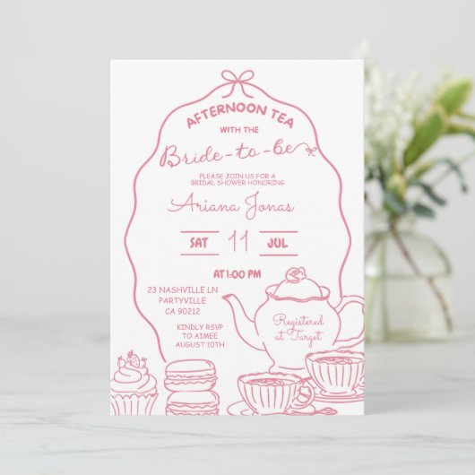 Roze Bow Hand Doodle Afternoon Tea vrijgezellenfee Kaart (Staand voorkant)