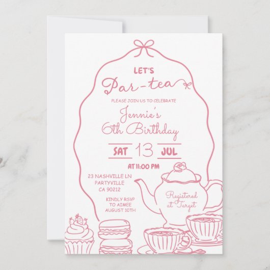 Roze Bow Hand Doodle Let's Par-Tea Verjaardag Kaart (Voorkant)
