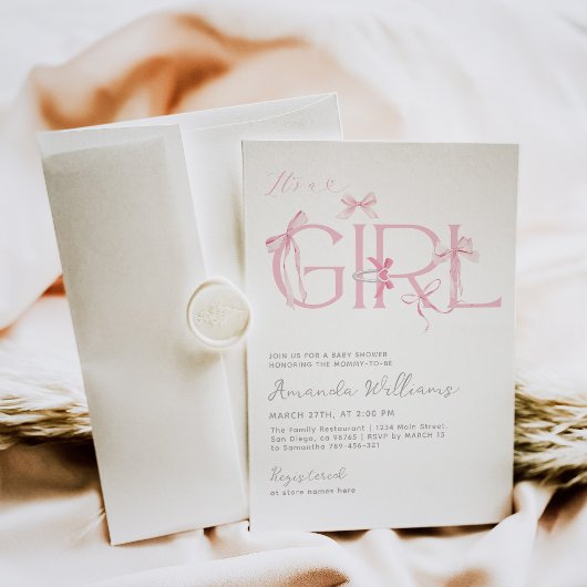 Roze Bow Het is een Meisje Modern Baby shower Kaart