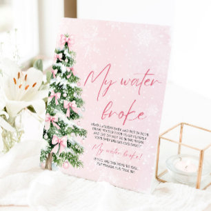 Roze Bow Kerstboom Mijn Water brak Baby shower Reclamebord Met Voetstuk