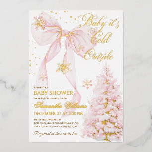 Roze Bow Koud Buiten Baby Meisje Douche Folie Uitnodiging
