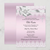 Roze Bow & Lace Cross Girl Baptism Uitnodiging (Voorkant / Achterkant)