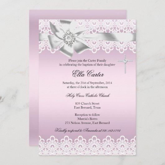 Roze Bow & Lace Cross Girl Baptism Uitnodiging (Voorkant / Achterkant)