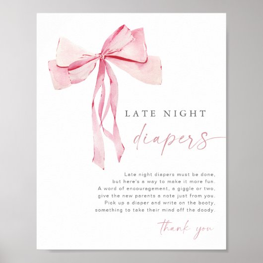 Roze Bow Late Night Luiers Game Sign Girl Blush Poster (Voorkant)