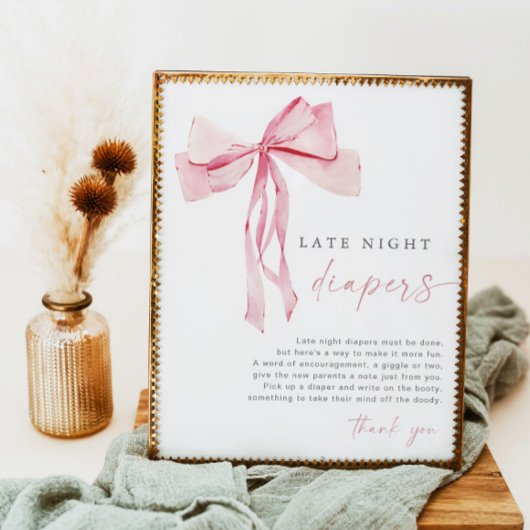Roze Bow Late Night Luiers Game Sign Girl Blush Poster