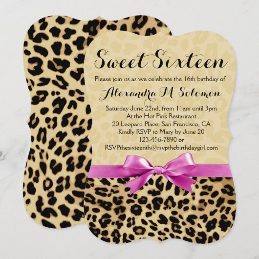 Roze Bow Leopard Sweet 16 Party Invitation Kaart (Voorkant / Achterkant)