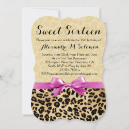 Roze Bow Leopard Sweet 16 Party Invitation Kaart