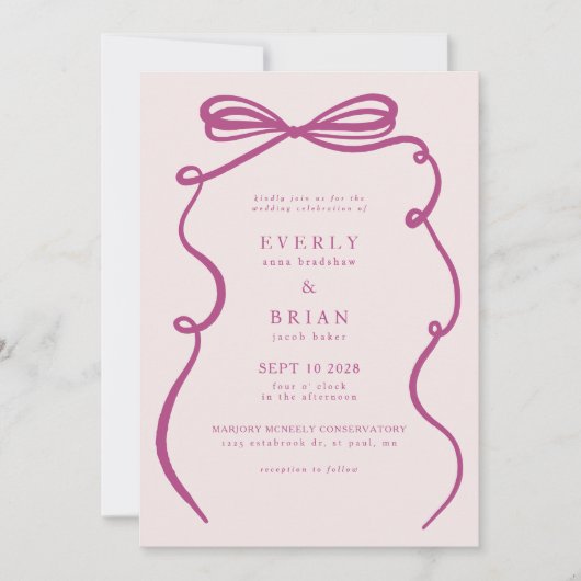Roze Bow Lijst bruiloft Kaart (Voorkant)