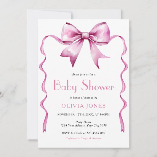 Roze Bow lint Baby shower Kaart (Voorkant)