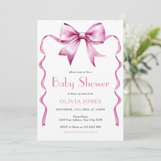 Roze Bow lint Baby shower Kaart (Staand voorkant)