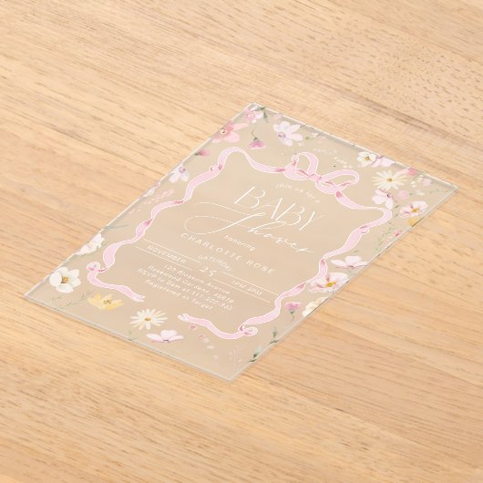 Roze Bow lint lijst Wildflower Baby meisje Douche Acryl Uitnodigingen (Laagn)