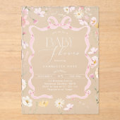 Roze Bow lint lijst Wildflower Baby meisje Douche Acryl Uitnodigingen (Voorkant)
