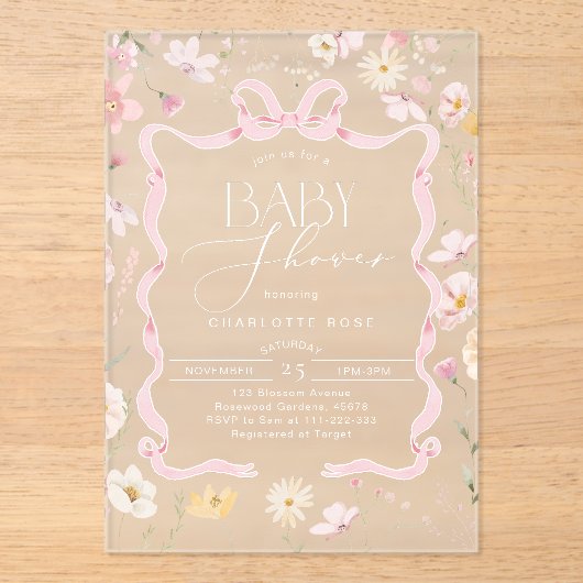 Roze Bow lint lijst Wildflower Baby meisje Douche Acryl Uitnodigingen (Voorkant)