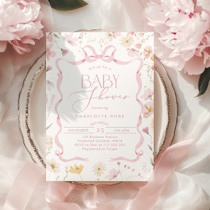 Roze Bow lint lijst Wildflower Baby meisje Douche Kaart