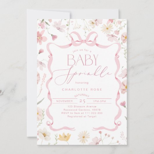 Roze Bow lint lijst Wildflower Baby Sprinkle Kaart (Voorkant)