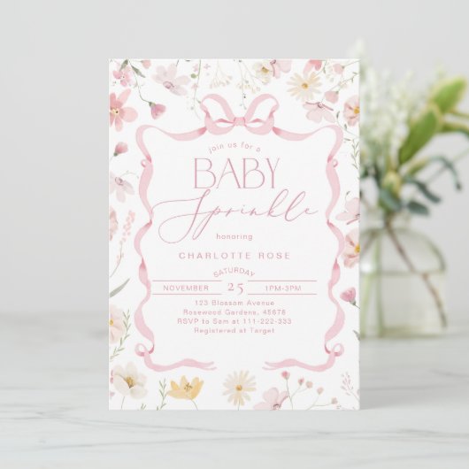 Roze Bow lint lijst Wildflower Baby Sprinkle Kaart (Staand voorkant)
