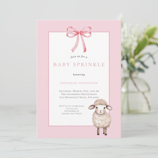 Roze Bow Little Lamb Baby Sprinkle Kaart (Staand voorkant)