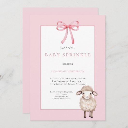 Roze Bow Little Lamb Baby Sprinkle Kaart (Voorkant / Achterkant)