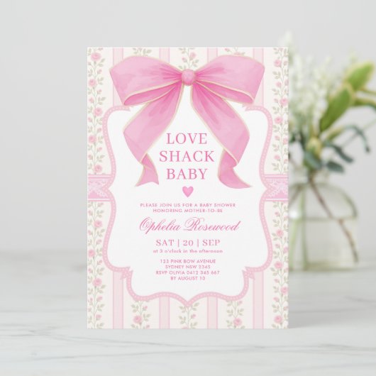  Roze Bow Love Shack Baby Meisje Douche Kaart (Staand voorkant)
