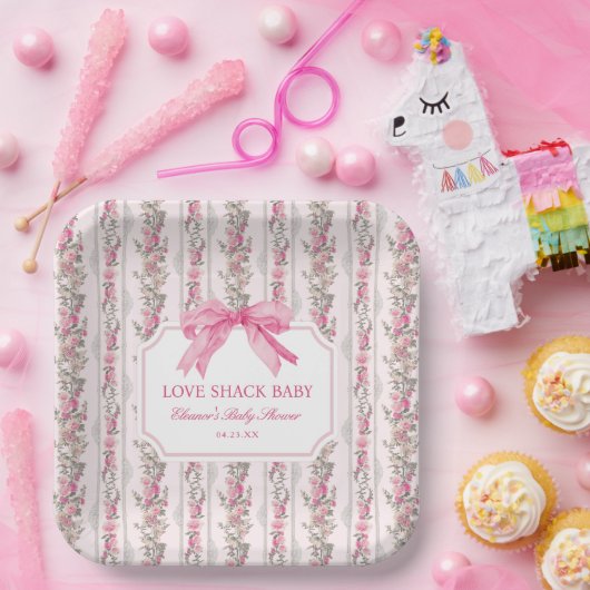 Roze Bow Love Shack Baby shower Papieren Bordje (Feest)