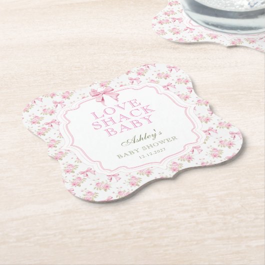 Roze Bow Love Shack Meisje Baby shower Kartonnen Onderzetters (Gekanteld)