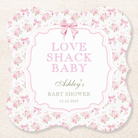 Roze Bow Love Shack Meisje Baby shower Kartonnen Onderzetters (Voorkant)