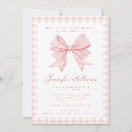 Roze Bow Luier en Wipes Baby Meisje Douche Kaart (Voorkant)