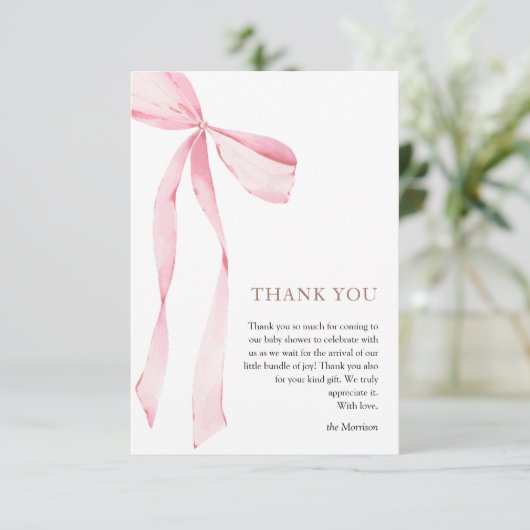 Roze Bow Meisje Baby shower Bedankkaart (Staand voorkant)