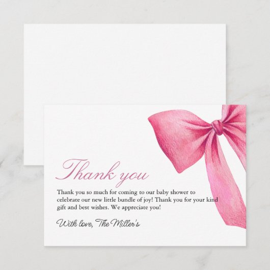 Roze Bow Meisje Baby shower Bedankkaart (Voorkant / Achterkant)