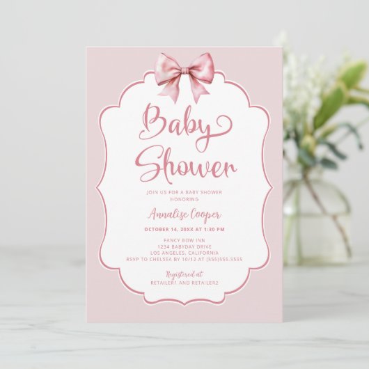 Roze Bow Meisje Baby shower Kaart (Staand voorkant)