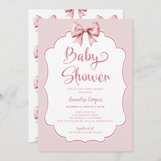Roze Bow Meisje Baby shower Kaart (Voorkant / Achterkant)