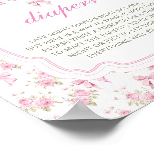 Roze Bow Meisje Baby shower Late Night Luiers Poster (Hoek)