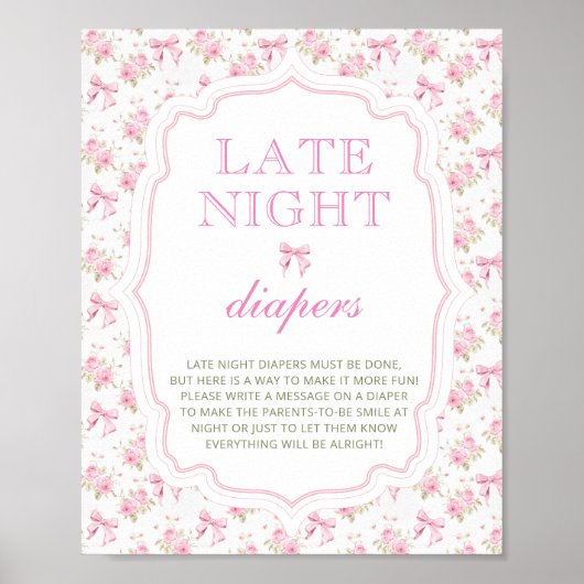Roze Bow Meisje Baby shower Late Night Luiers Poster (Voorkant)