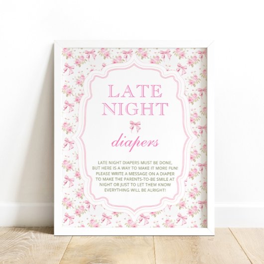 Roze Bow Meisje Baby shower Late Night Luiers Poster