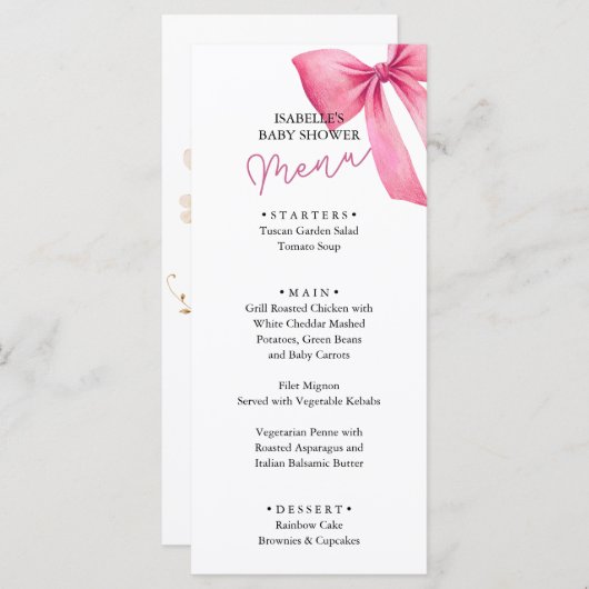 Roze Bow Meisje Baby shower Menu (Voorkant / Achterkant)