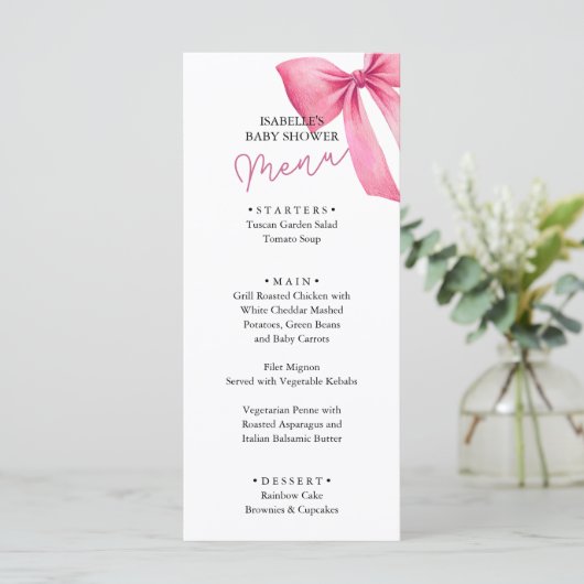 Roze Bow Meisje Baby shower Menu (Staand voorkant)
