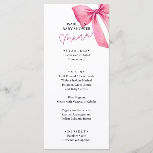 Roze Bow Meisje Baby shower Menu (Voorkant)