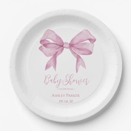 Roze Bow Meisje Baby shower Papieren Bordje (Voorkant)