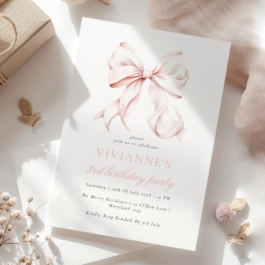 Roze Bow Meisje Derde Verjaardag Kaart