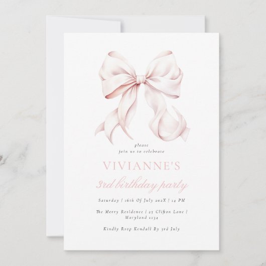 Roze Bow Meisje Derde Verjaardag Kaart (Voorkant)