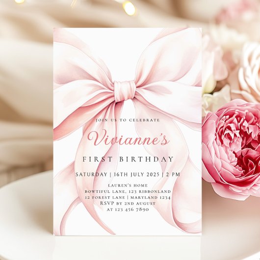 Roze Bow Meisje Eerste Verjaardag Kaart