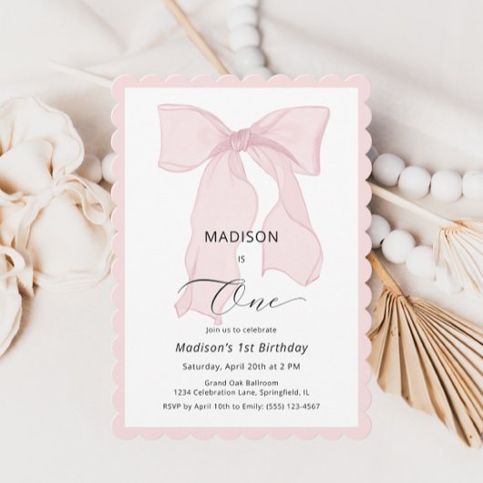 Roze Bow Meisje Eerste Verjaardag Kaart