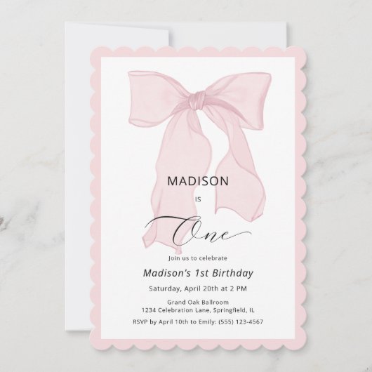 Roze Bow Meisje Eerste Verjaardag Kaart (Voorkant)