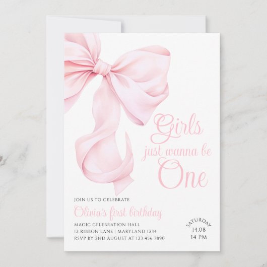 Roze Bow Meisje Eerste Verjaardag Kaart (Voorkant)