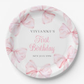 Roze Bow Meisje Eerste Verjaardag Papieren Bordje (Voorkant)
