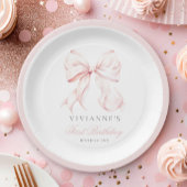 Roze Bow Meisje Eerste Verjaardag Papieren Bordje